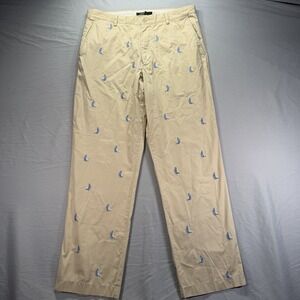 J Crew Chino Pants Mens 36x32 Beige All Over Print Sailboats Straight Leg Travel